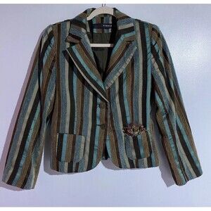 Women Blazer 3 Brown Blue Striped Wool Bohemian Artsy Business Old Money Fidele